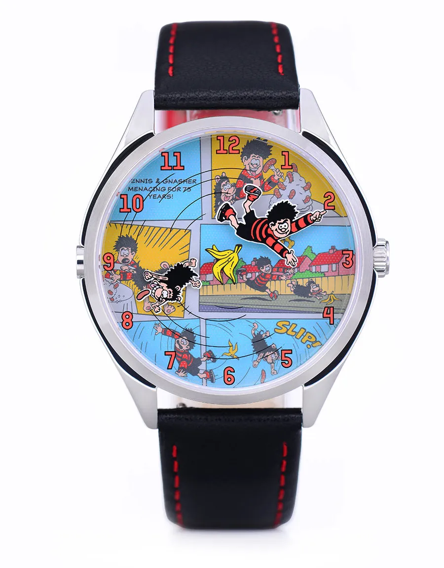 Mr Jones Beano x MJW, comic-strip dial with Dennis and Gnasher, steel case on black leather with red stitching, front view