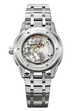 Zelos Helica Moonphase caseback, hand-wound Sellita movement behind sapphire, edition number engraved