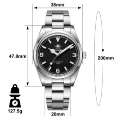 Addiesdive AD2112 dimension graphic on the bracelet (38mm, 47.8mm lug-to-lug, 20mm, 200mm, 127.5g)