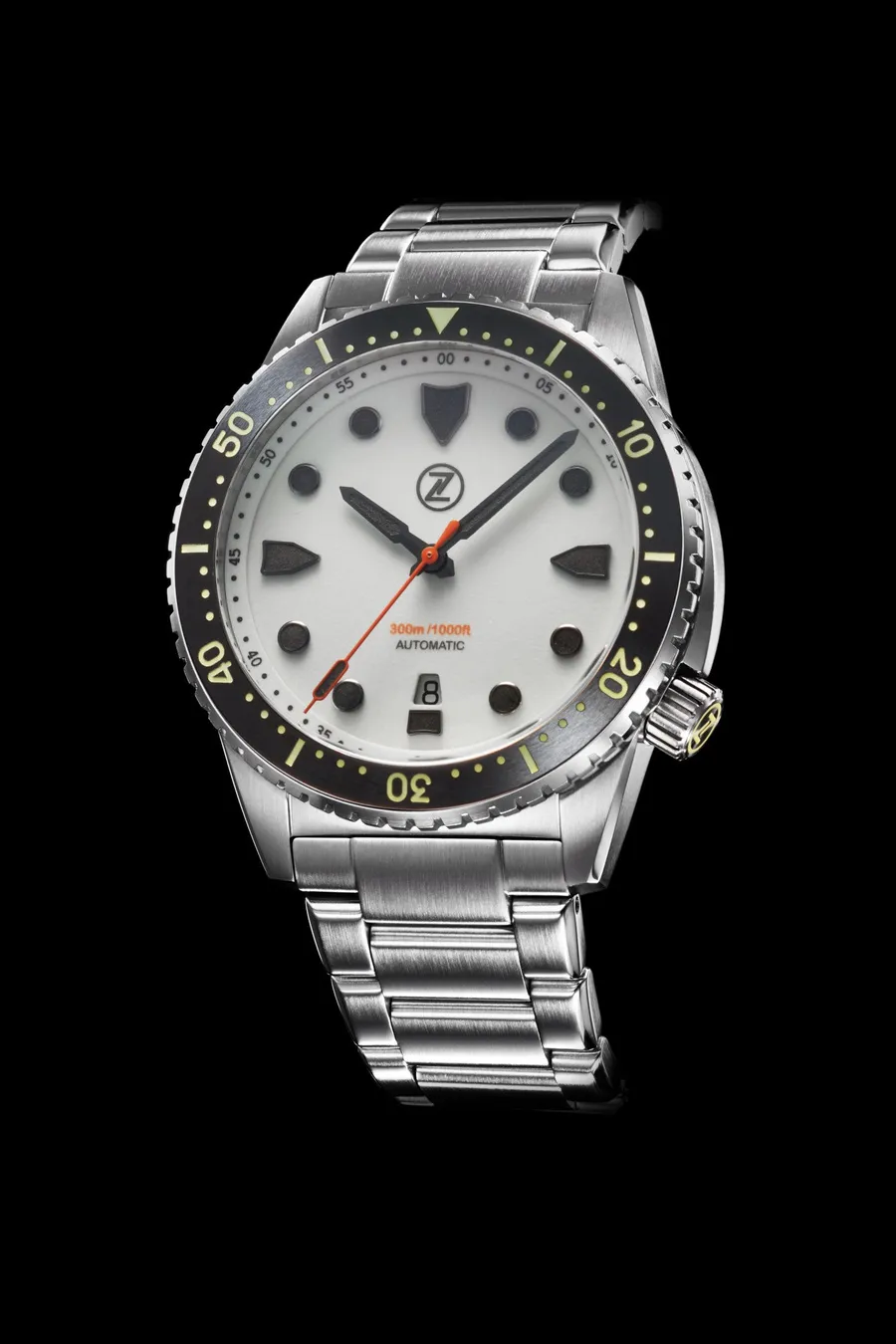 Zelos Great White V2 300m, fully lumed white dial, black ceramic bezel, on steel bracelet