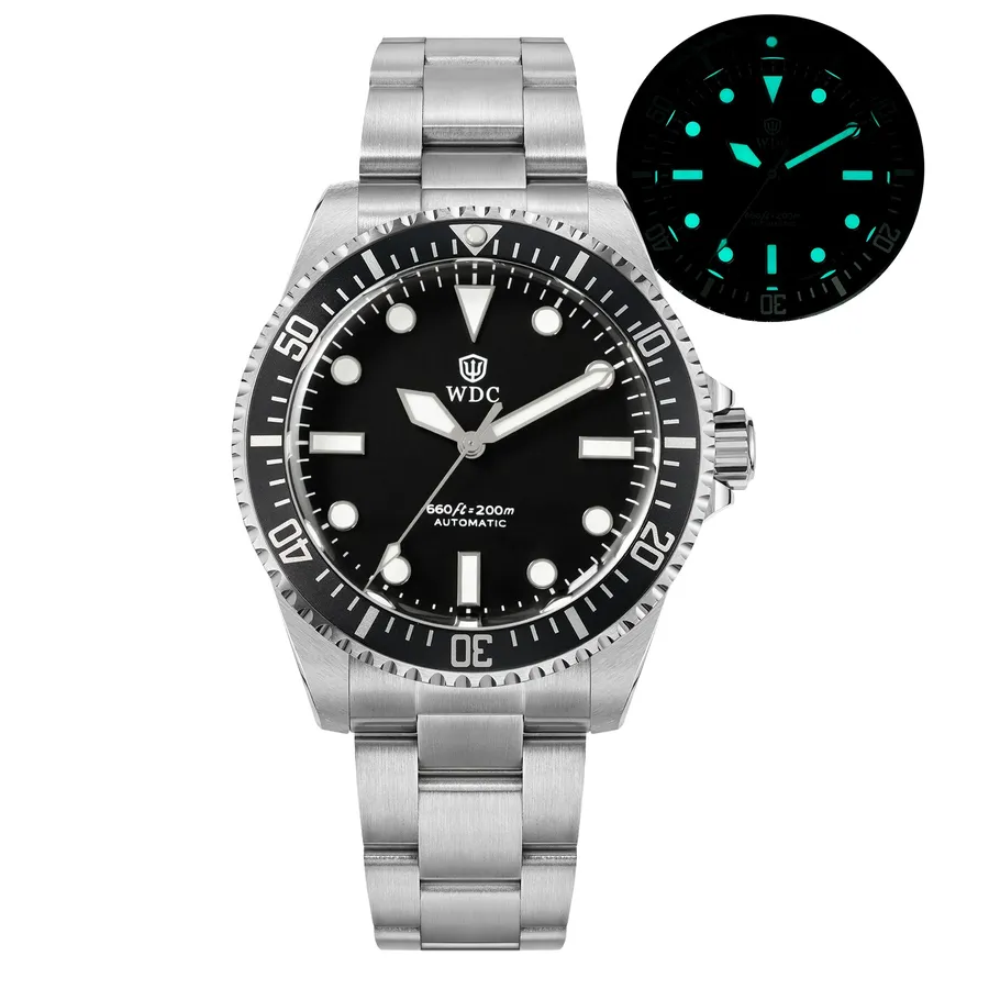 Watchdives WD5513M no-date with black dial and white sword hands on the 3-link bracelet, with lume shot