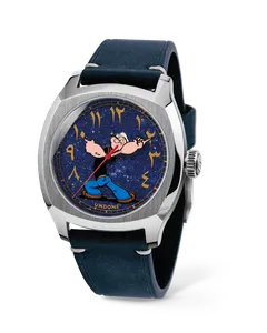 Undone Terra Popeye Arabian Knight with steel cushion case and blue dial with Eastern Arabic numerals and Popeye on a navy leather strap