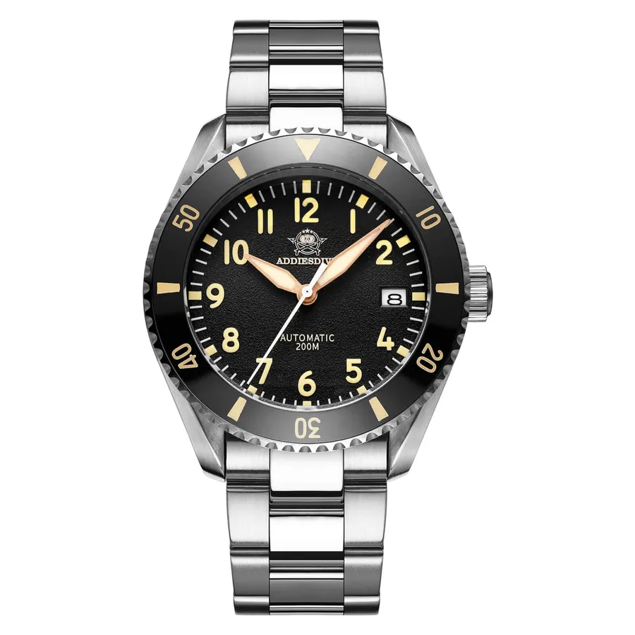 Addiesdive H9 diver with black dial, cream Arabic numerals and black ceramic bezel on a three-link steel bracelet