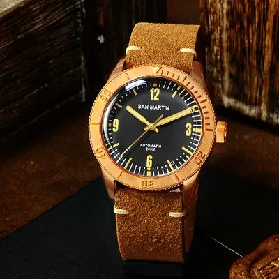 San Martin SN042-Q 41mm bronze diver with black dial, bronze bezel and brown suede strap