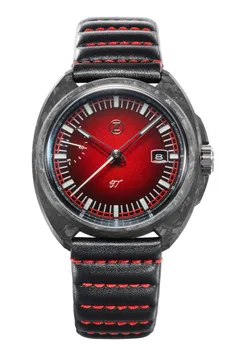 Zelos GT 40mm Carbon Corsa, forged carbon case, red fumé dial, on black leather strap with red stitching