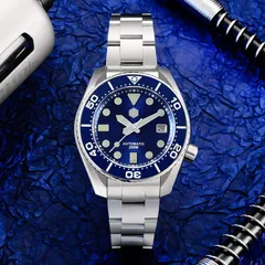 San Martin SN079-G with blue sunburst dial and blue bezel