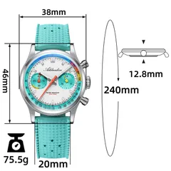 Addiesdive AD2529/AD2549 dimension graphic (38mm, 46mm lug-to-lug, 12.8mm, 20mm, 240mm, 75.5g)