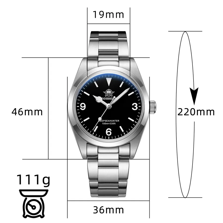Addiesdive AD2023-1 with black 3-6-9 dial on a three-link bracelet, with the brand's dimension callouts (36mm, 46mm, 19mm, 111g)