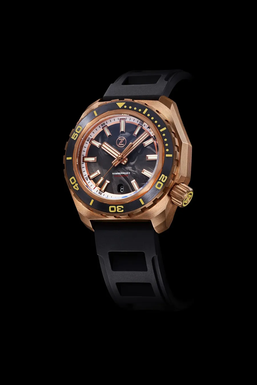 Zelos Hammerhead 2 in bronze, forged carbon dial, black ceramic bezel, on rubber strap
