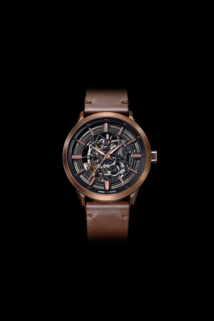 Zelos Avant A-4 Skeleton, bronze case, open skeleton dial with ruby-set rehaut, on brown leather strap