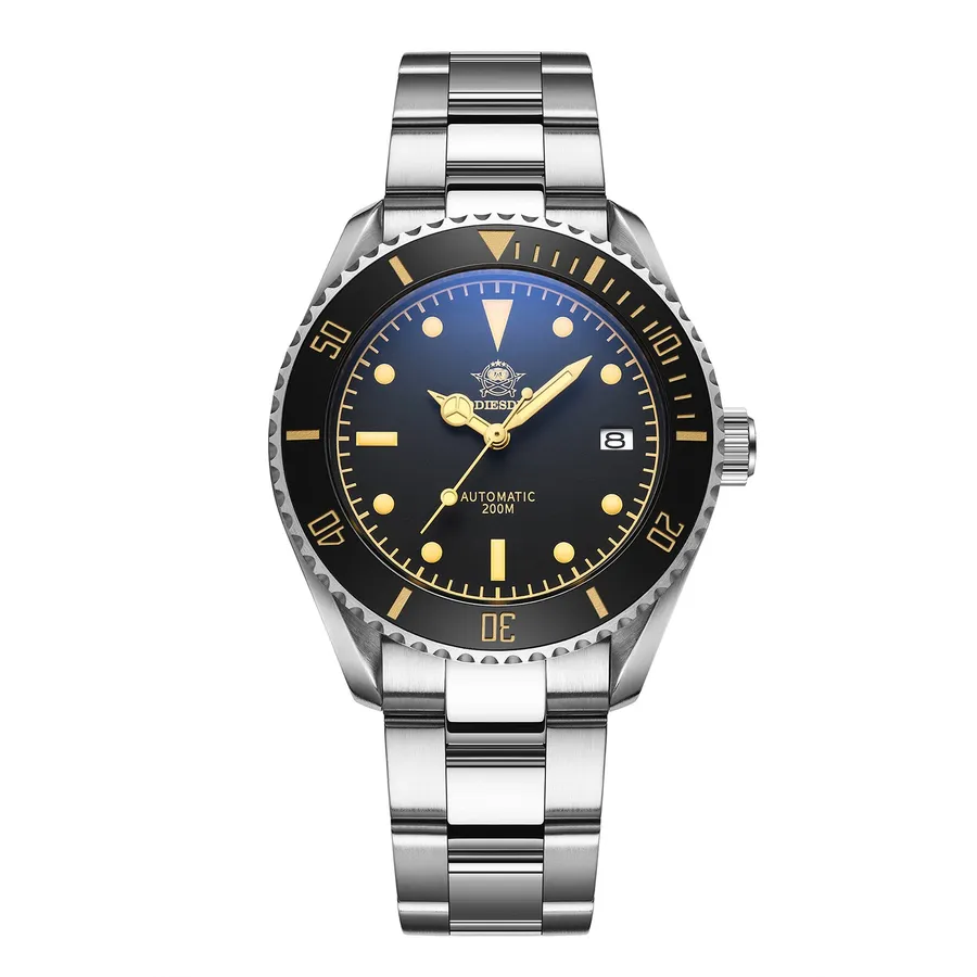 Addiesdive AD2101 with black gilt dial, coin-edge black ceramic bezel and date at 3 on the steel bracelet