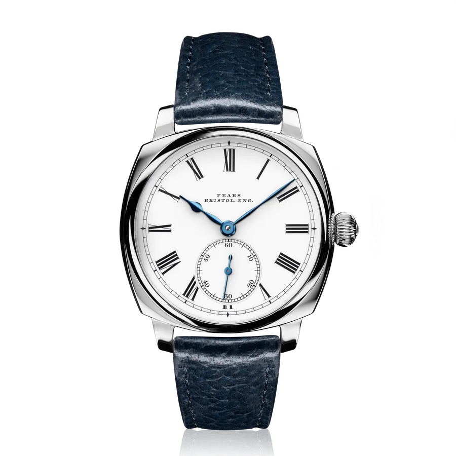 Fears Brunswick 40 1846 Edition in sterling silver with white dial, black Roman numerals and small seconds on a blue leather strap