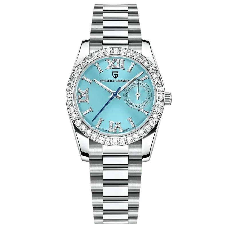 Pagani Design PD-1776 with light blue dial, stone-set bezel and pointer date at 3 on steel bracelet