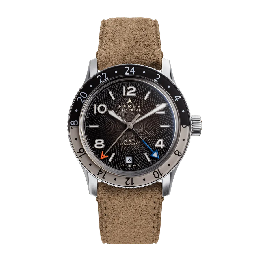 Farer GMT Bezel Nevada Mocha 38mm, cocoa barleycorn guilloché dial and brown-and-cream bezel, on tan suede leather strap
