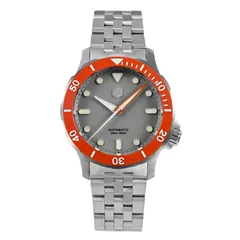 San Martin SN085-G with grey dial and orange ceramic bezel on five-link bracelet