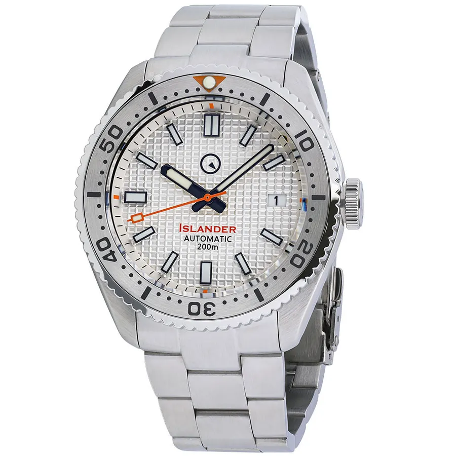 Islander ISL-90 dive watch with white waffle dial, orange seconds hand and steel 120-click bezel on bracelet