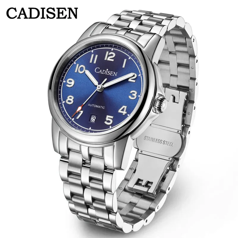 Cadisen C8235 automatic with blue sunburst dial, Arabic numerals and date at 6 on a steel bracelet