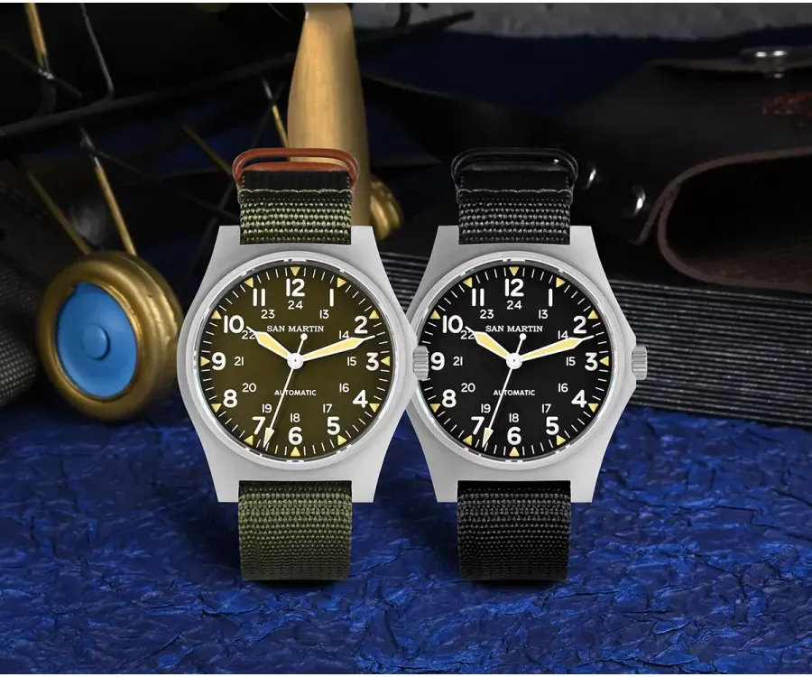 San Martin SN0137-G field watches with green and black military dials on green and black nylon straps