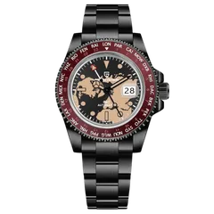 Pagani Design PD-1758 GMT with black world-map dial and burgundy bezel in a black-coated case and bracelet