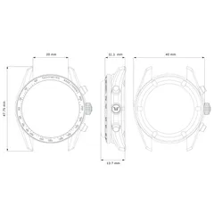 Wise Adamascus AD8 chronograph case dimension drawing (40mm, 47.75mm lug to lug, 20mm lugs, 13.7mm and 11.1mm height)