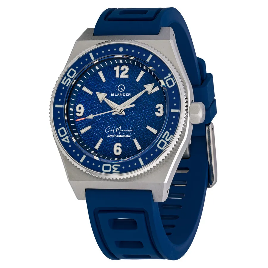 Islander x Carl Murawski limited edition with textured denim-blue dial and blue sapphire bezel on blue rubber strap