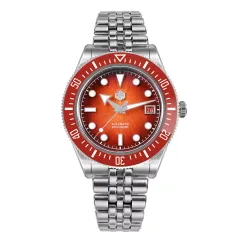 San Martin SN0148-G 40mm with gradient orange red dial, red ceramic bezel and arrow hands on five-link bracelet