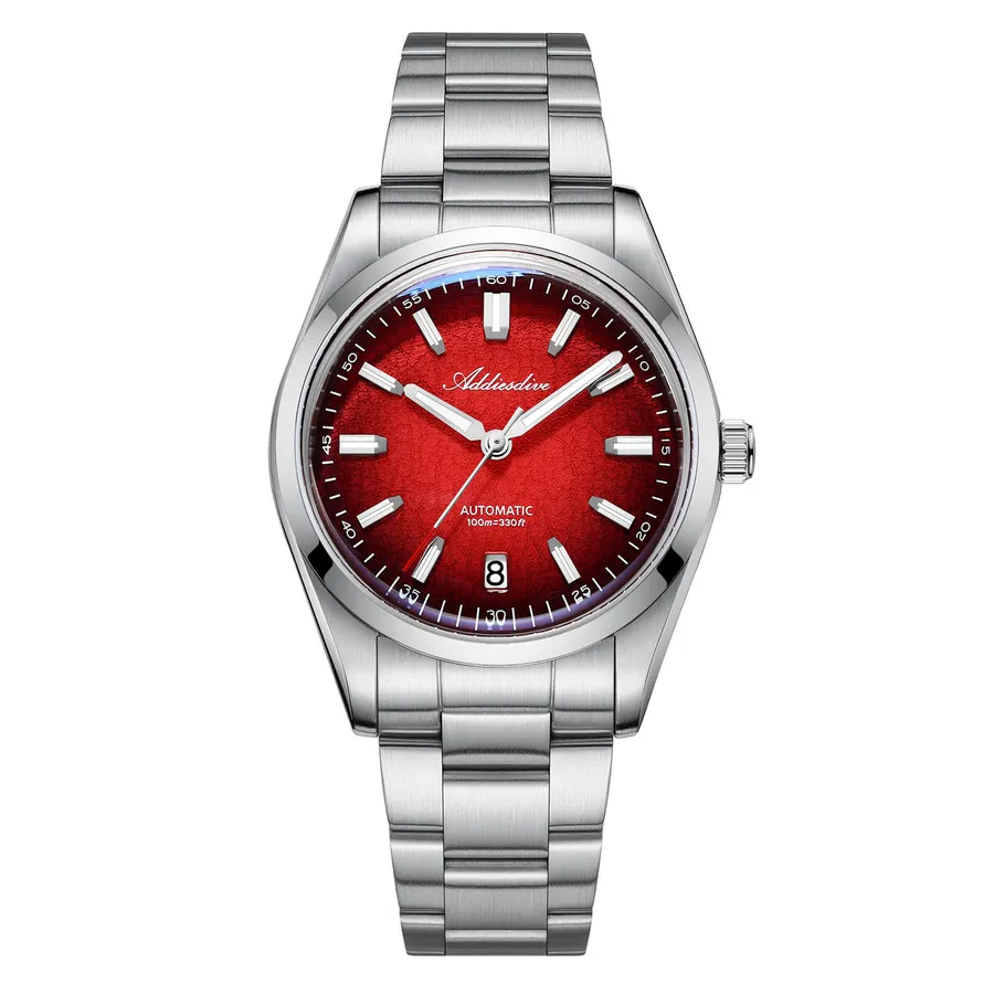 Addiesdive AD2531 with red gradient textured dial, smooth bezel and three-link bracelet