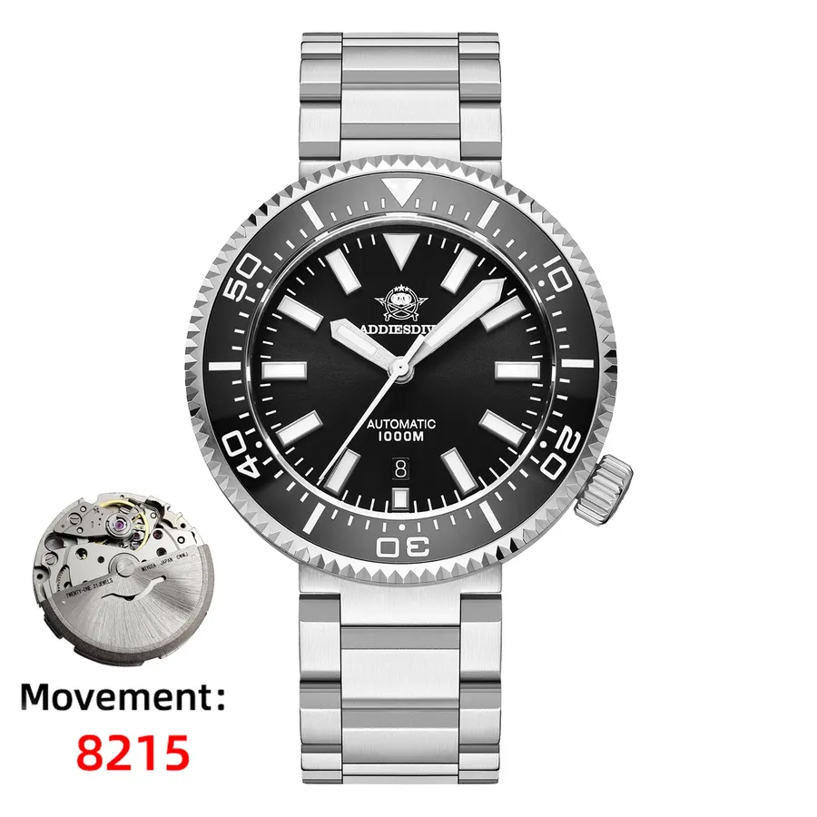 Addiesdive AD2523 (Miyota 8215 version of the H6) with black dial and black ceramic bezel, labelled "Movement 8215"
