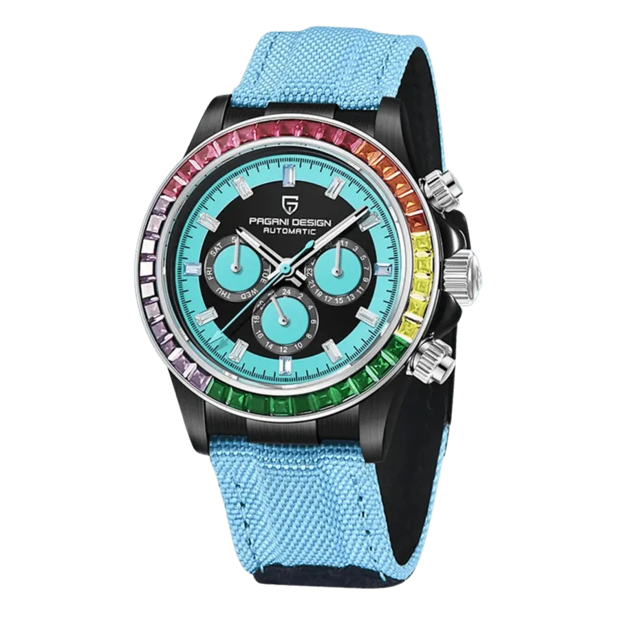 Pagani Design PD-1732 with black case, rainbow stone-set bezel, turquoise and black dial with day, date and 24-hour subdials, on light blue strap