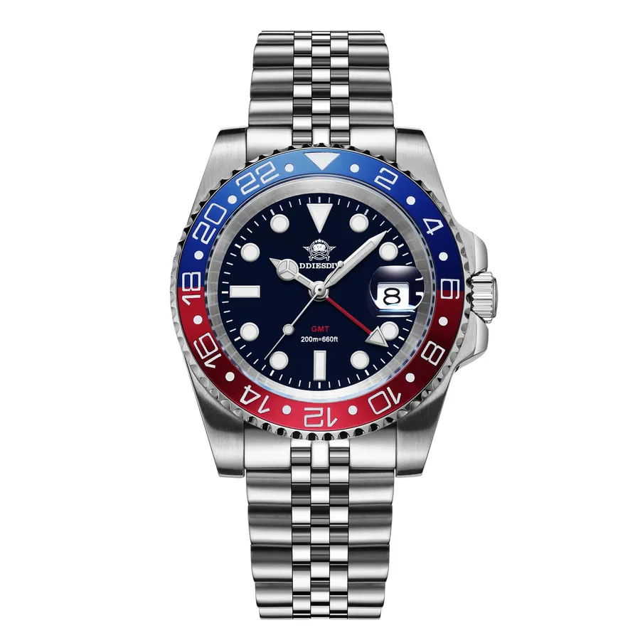 Addiesdive AD2050 GMT with black dial and blue-and-red 24-hour bezel on a jubilee-style bracelet