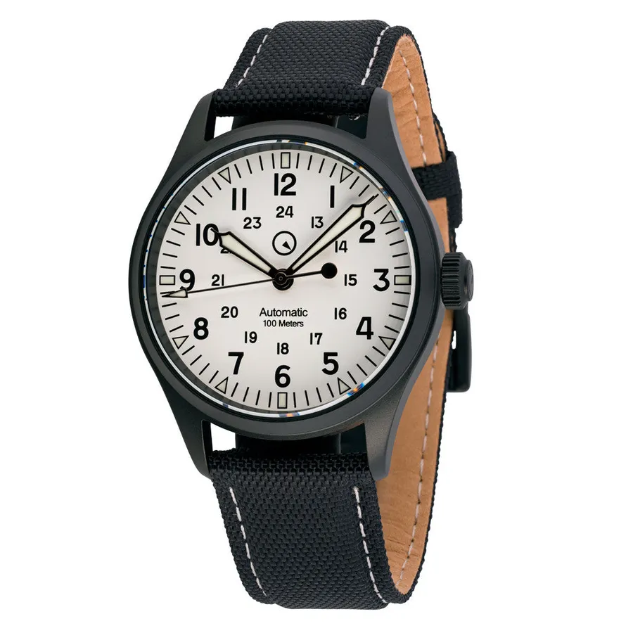 Islander Mitchel field watch with white no-date dial in a black DLC case