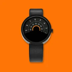 Anicorn Series 000 Black & Orange: concentric hour, minute and seconds discs on a black leather strap
