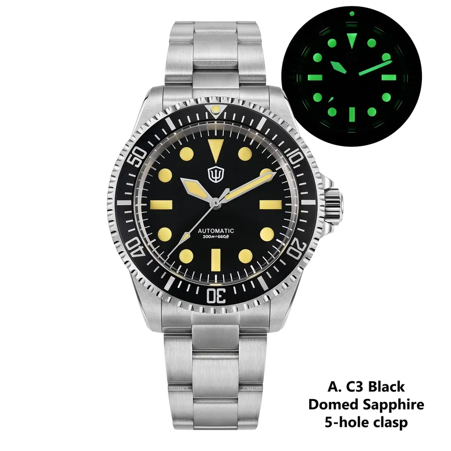 Watchdives WD5513 V2 with matte black dial, C3 lume and domed sapphire on the steel bracelet, with lume shot