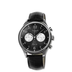 Tusenö First 38 Panda, silver case, black reverse-panda dial, on black leather strap