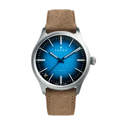 Farer Venture, metallic blue textured dial, on brown suede leather strap