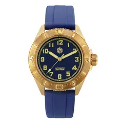 San Martin SN040-Q bronze diver with blue full-numeral dial on blue rubber strap