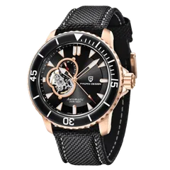 Pagani Design PD-1674 with rose-gold-tone case, black dial and black bezel on black nylon strap