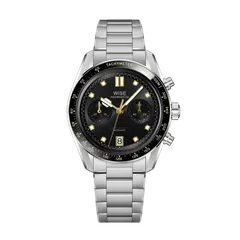 Wise Adamascus AD8CHRO11 chronograph in 904L steel, black dial with gold markers and hands, black ceramic tachymeter bezel, on 904L bracelet