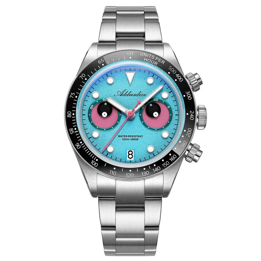 Addiesdive AD2557 chronograph with turquoise textured dial, pink "eye" sub-dials and black ceramic tachymeter bezel on a three-link bracelet