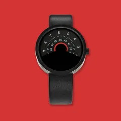 Anicorn Series 000 Black & Red: concentric hour, minute and seconds discs on a black leather strap