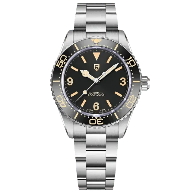 Pagani Design PD-1755 diver with black dial, beige numerals and beige bezel numerals on steel bracelet