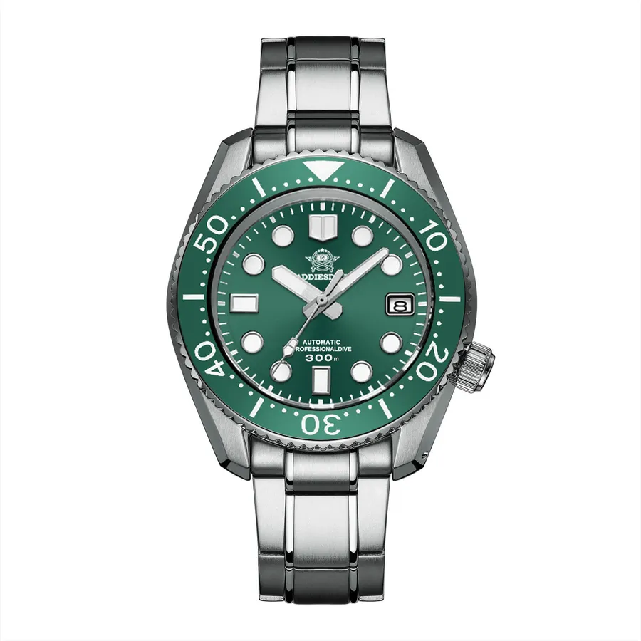 Addiesdive H7 with green dial and green ceramic bezel on a three-link steel bracelet