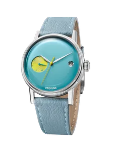 Undone Urban 37 Ellis with turquoise enamel dial and yellow day subdial on a light blue strap