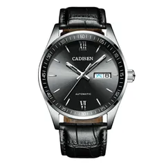 Cadisen C1020 with black dial and silver-tone case on a black leather strap