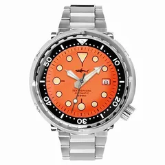 Heimdallr HMSG11 Tuna Can with orange dial on steel bracelet