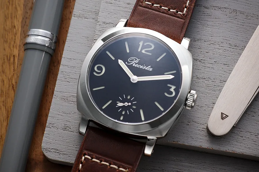 Timefactors Precista Italian PRS-46 Savonette, black sandwich dial with small seconds at 6, cushion case, on brown leather strap