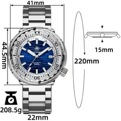 Addiesdive AD2098 dimension graphic (41mm, 44.5mm, 15mm, 22mm, 220mm, 208.5g)