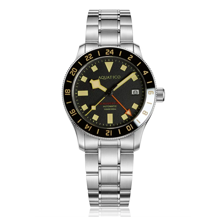 Aquatico Seafarer 38mm GMT with black vintage-style dial, black and cream 24-hour ceramic bezel and orange GMT hand, on steel bracelet