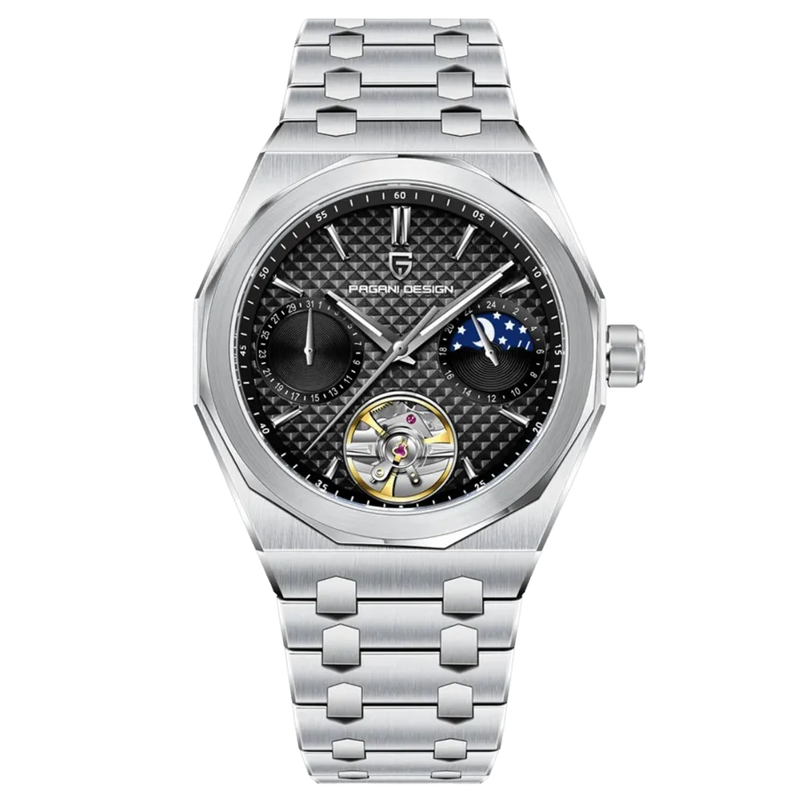 Pagani Design PD-YS036 with black pyramid-pattern dial, pointer date at 9, 24-hour subdial with moon-and-stars disc at 3 and open-heart aperture at 6, steel case and integrated bracelet