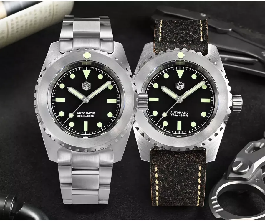 San Martin SN029-G2 41mm retro diver with matte black dial on steel bracelet and on brown leather strap